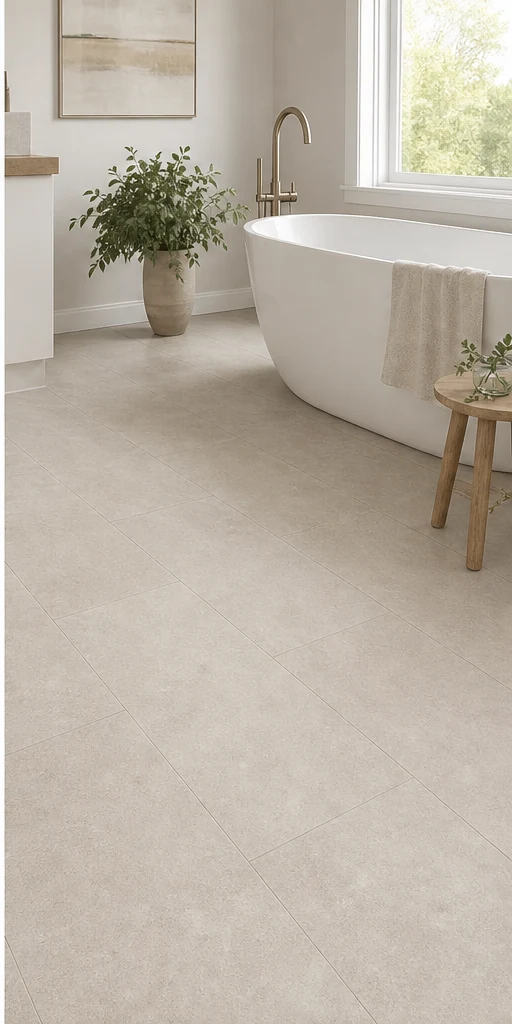 Chelsea Pale Stone Rigid Core SPC fitted in a room