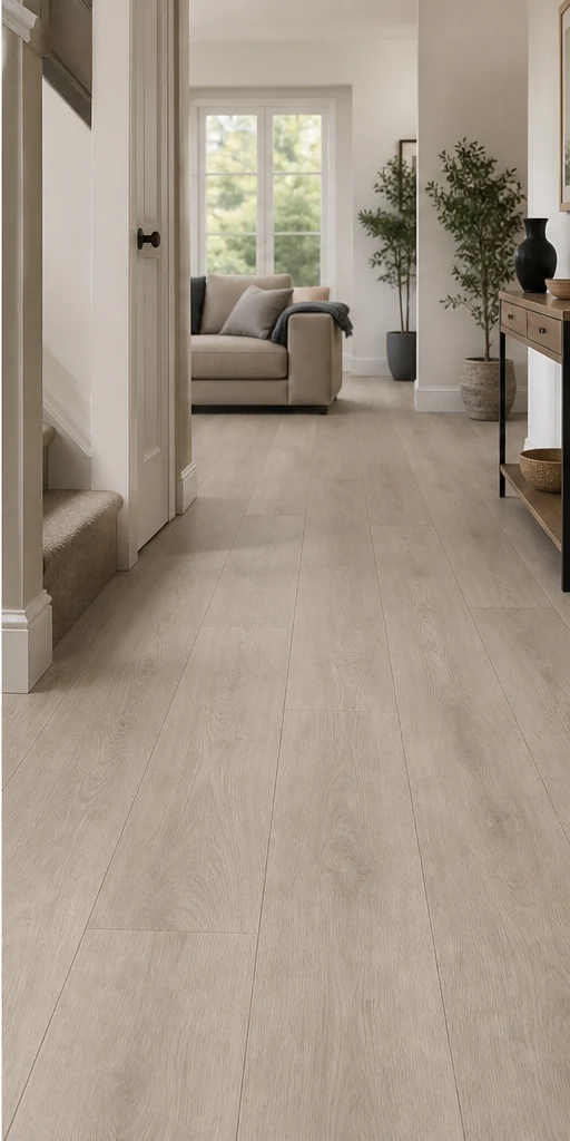 Harbour Mist Oak Water-Resistant Laminate fitted in a room